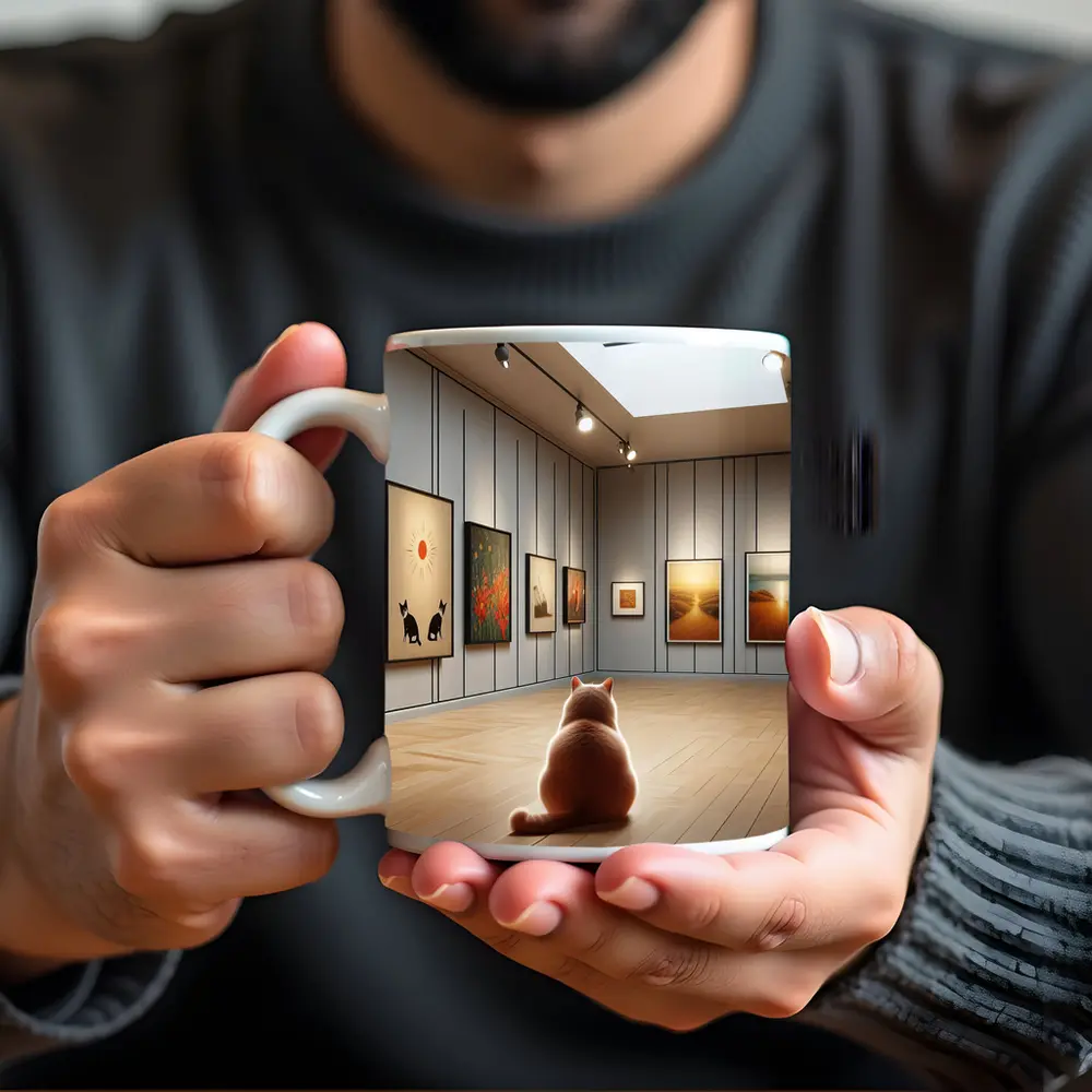 Cat Sitting In Art Gallery Room – Mugs