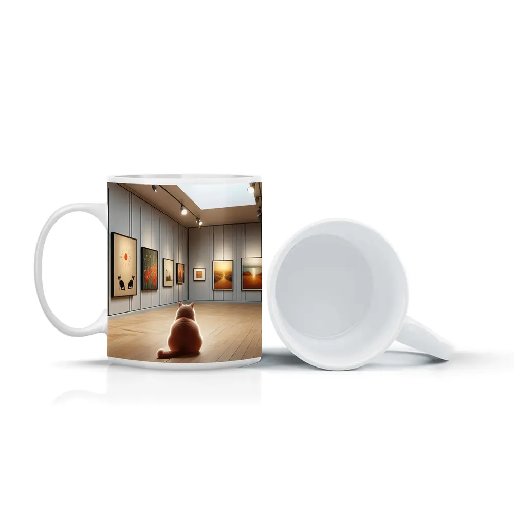Cat Sitting In Art Gallery Room – Mugs