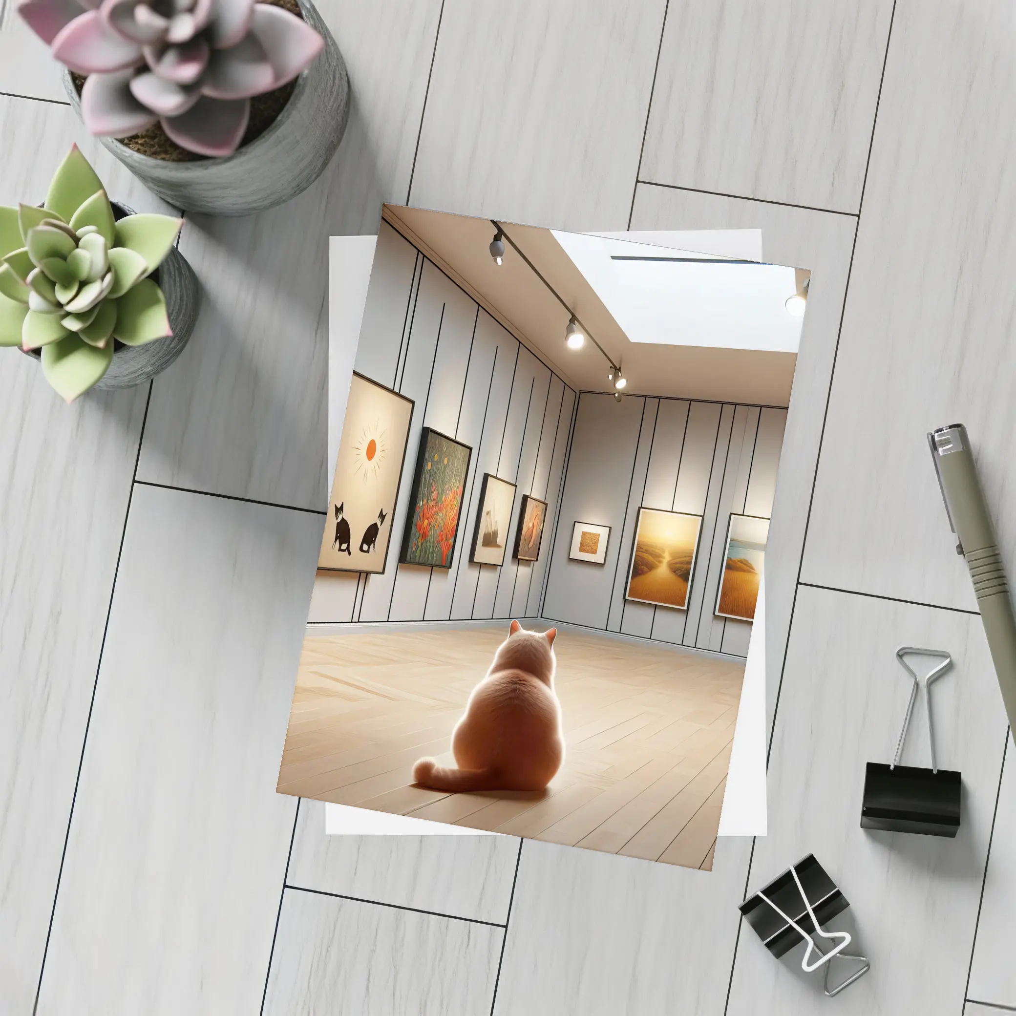 Cat Sitting In Art Gallery Room – Postcards