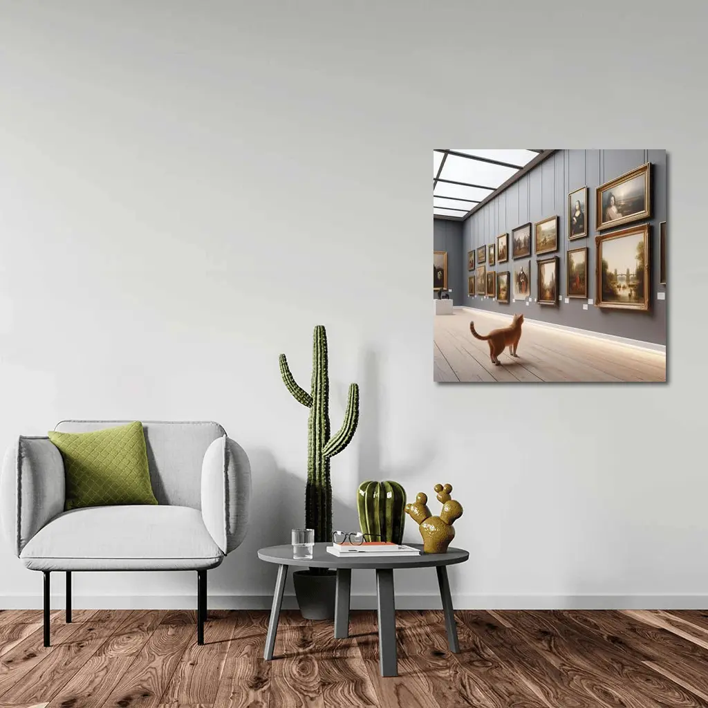 Orange Cat Exploring Classic Art Gallery – Wall Art