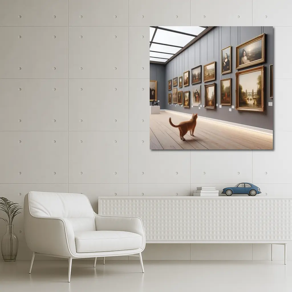 Orange Cat Exploring Classic Art Gallery – Wall Art