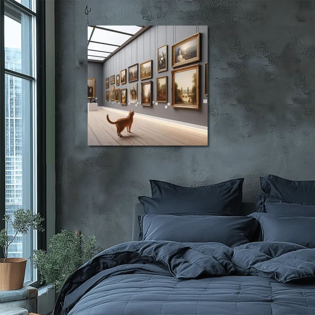 Orange Cat Exploring Classic Art Gallery – Wall Art