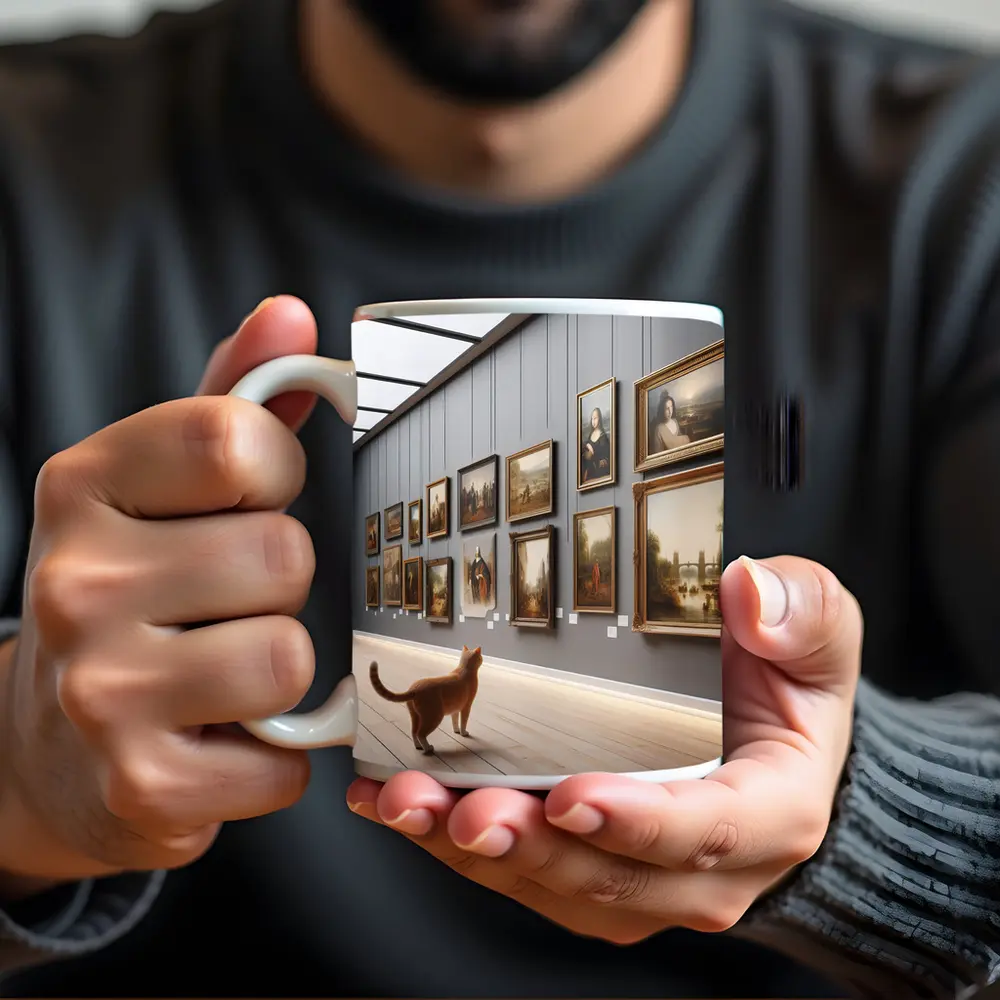 Orange Cat Exploring Classic Art Gallery – Mugs
