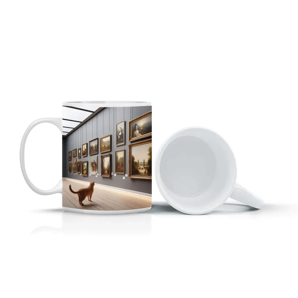 Orange Cat Exploring Classic Art Gallery – Mugs