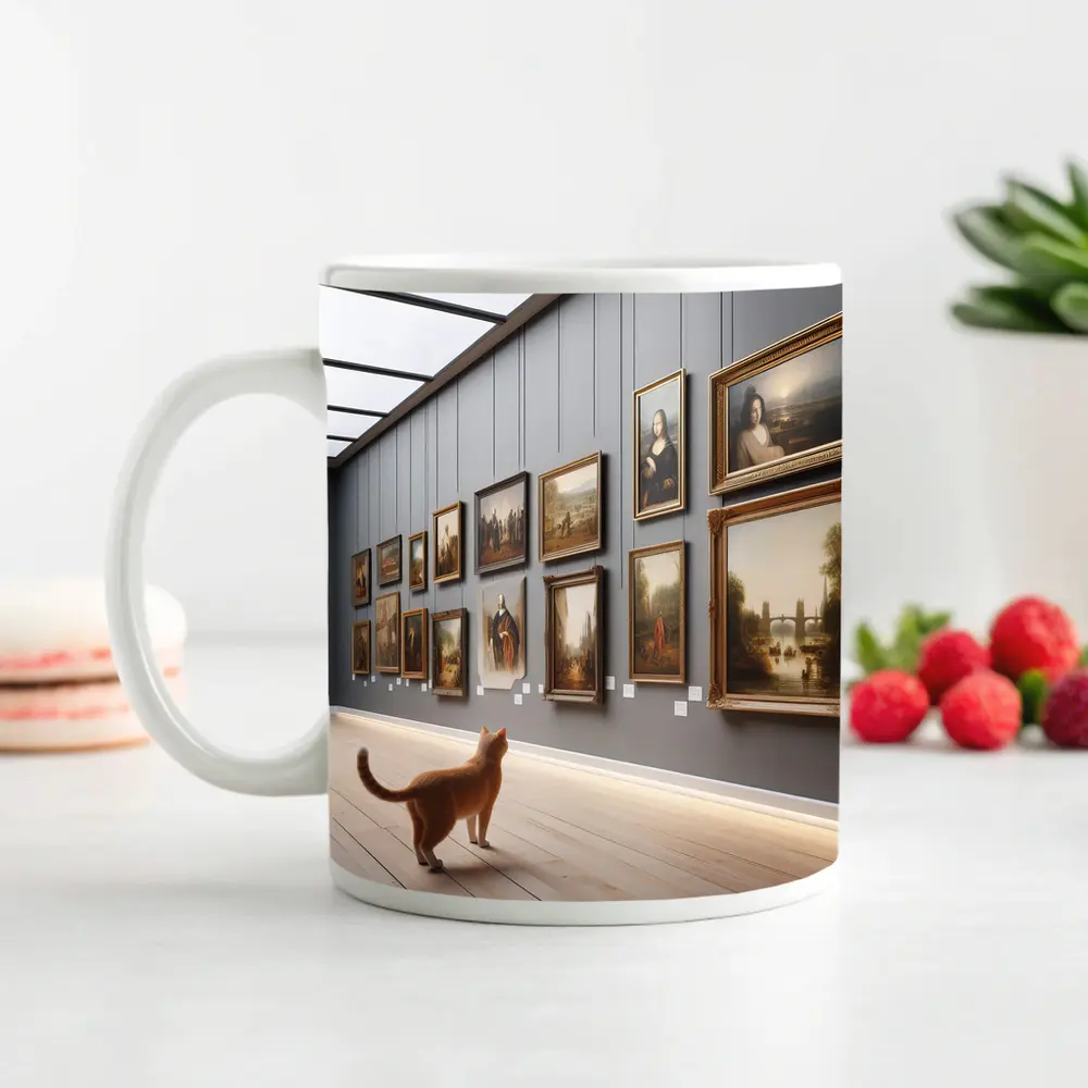 Orange Cat Exploring Classic Art Gallery – Mugs