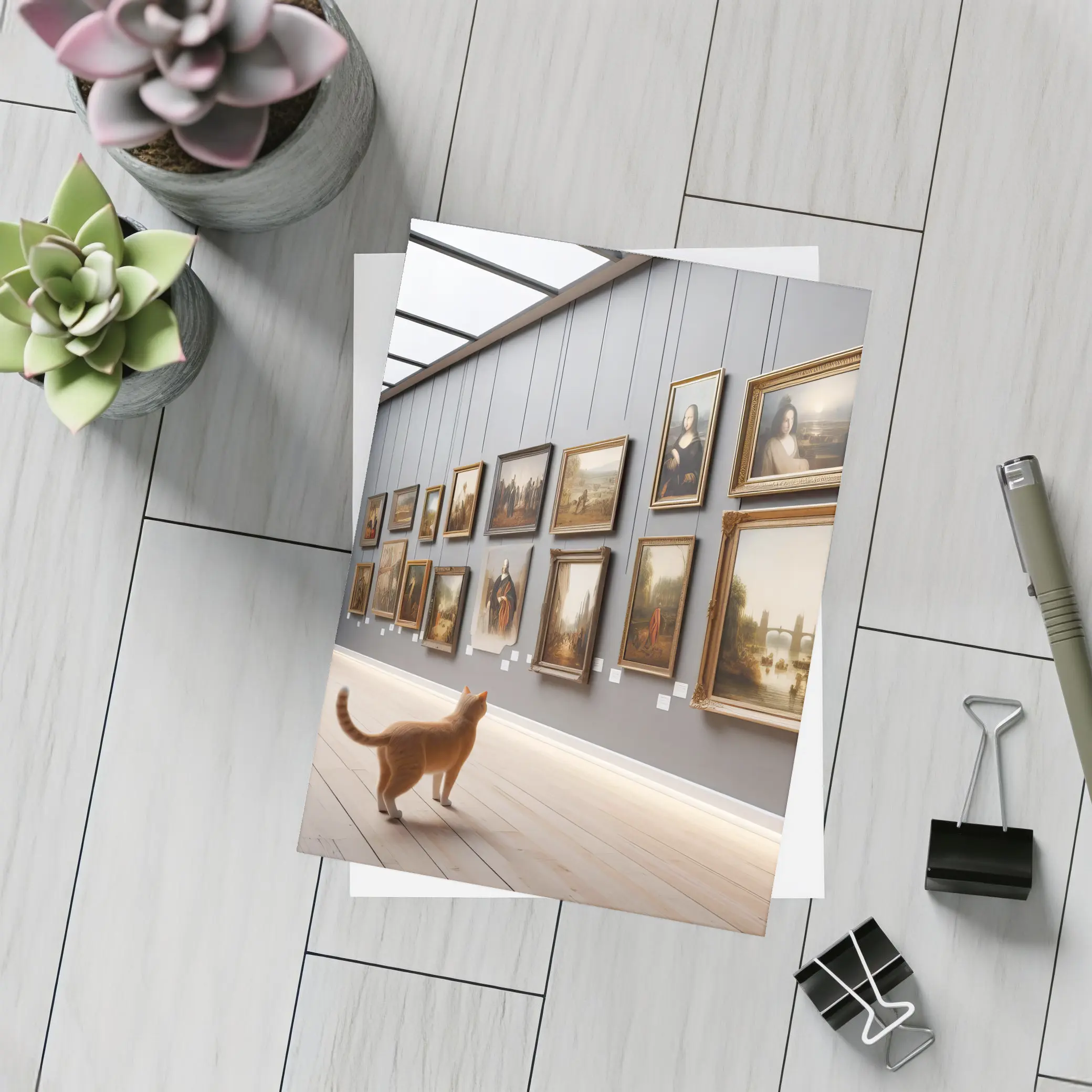 Orange Cat Exploring Classic Art Gallery – Postcards