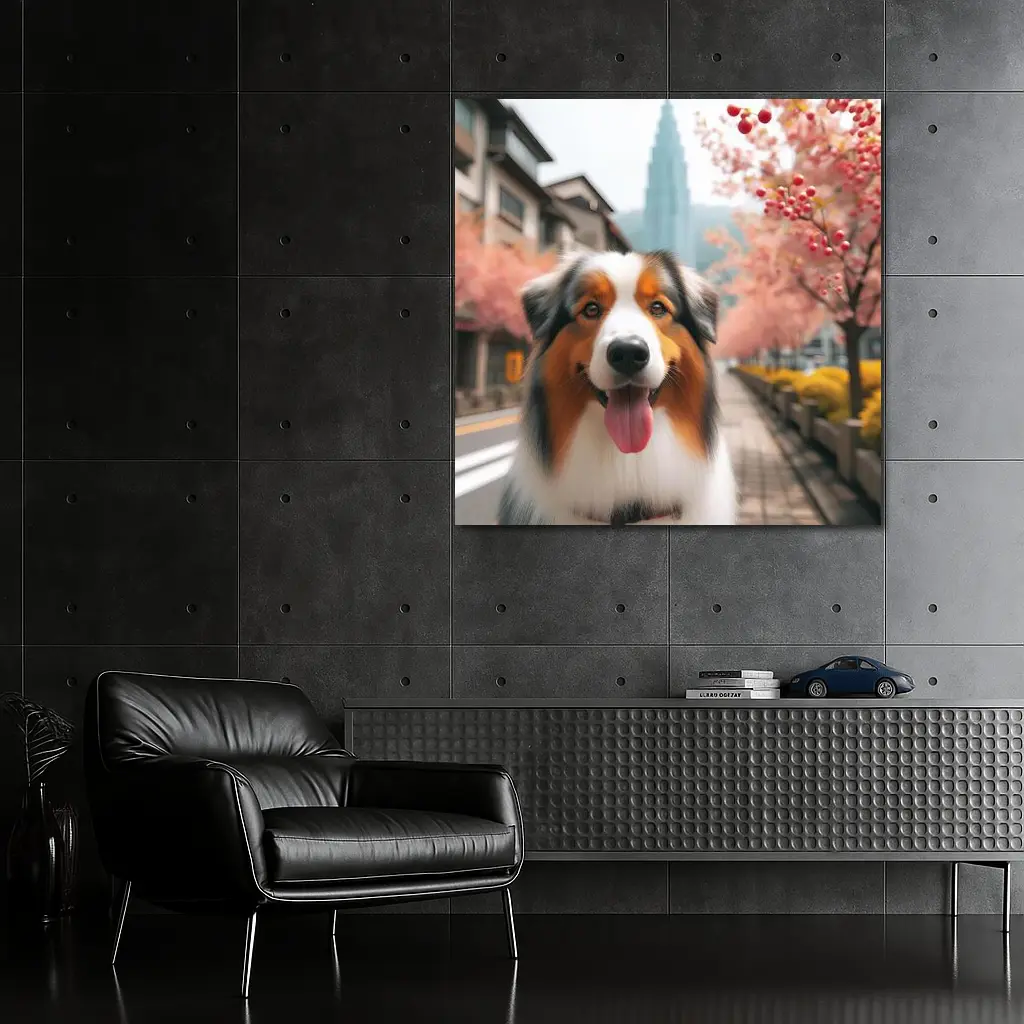 Australian Shepherd Dog Cherry Blossom Street – Wall Art