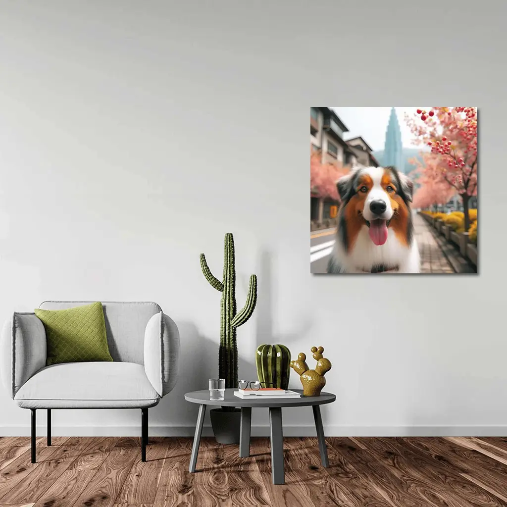 Australian Shepherd Dog Cherry Blossom Street – Wall Art