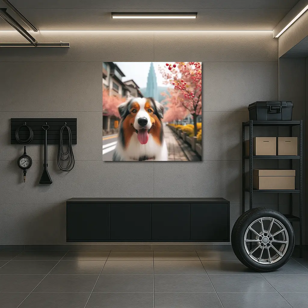 Australian Shepherd Dog Cherry Blossom Street – Wall Art