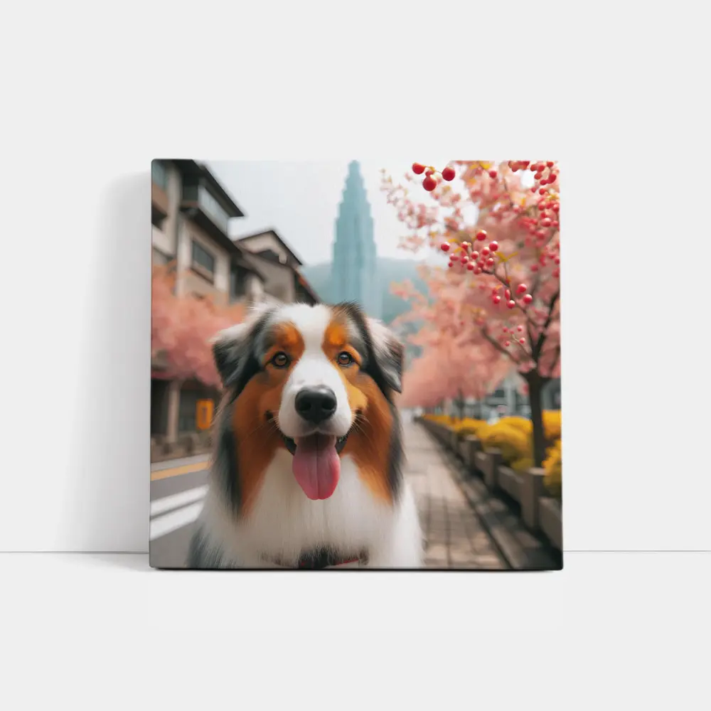 Australian Shepherd Dog Cherry Blossom Street – Wall Art