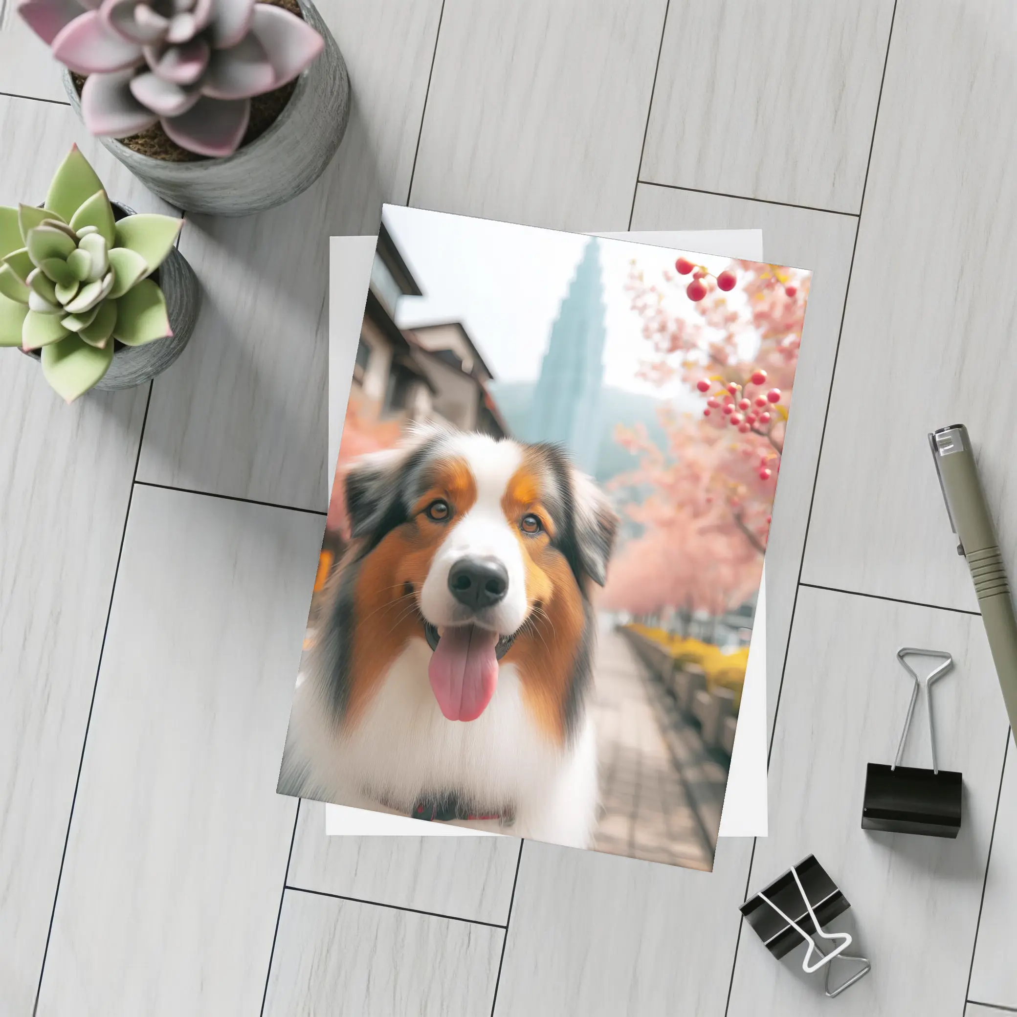 Australian Shepherd Dog Cherry Blossom Street – Postcards