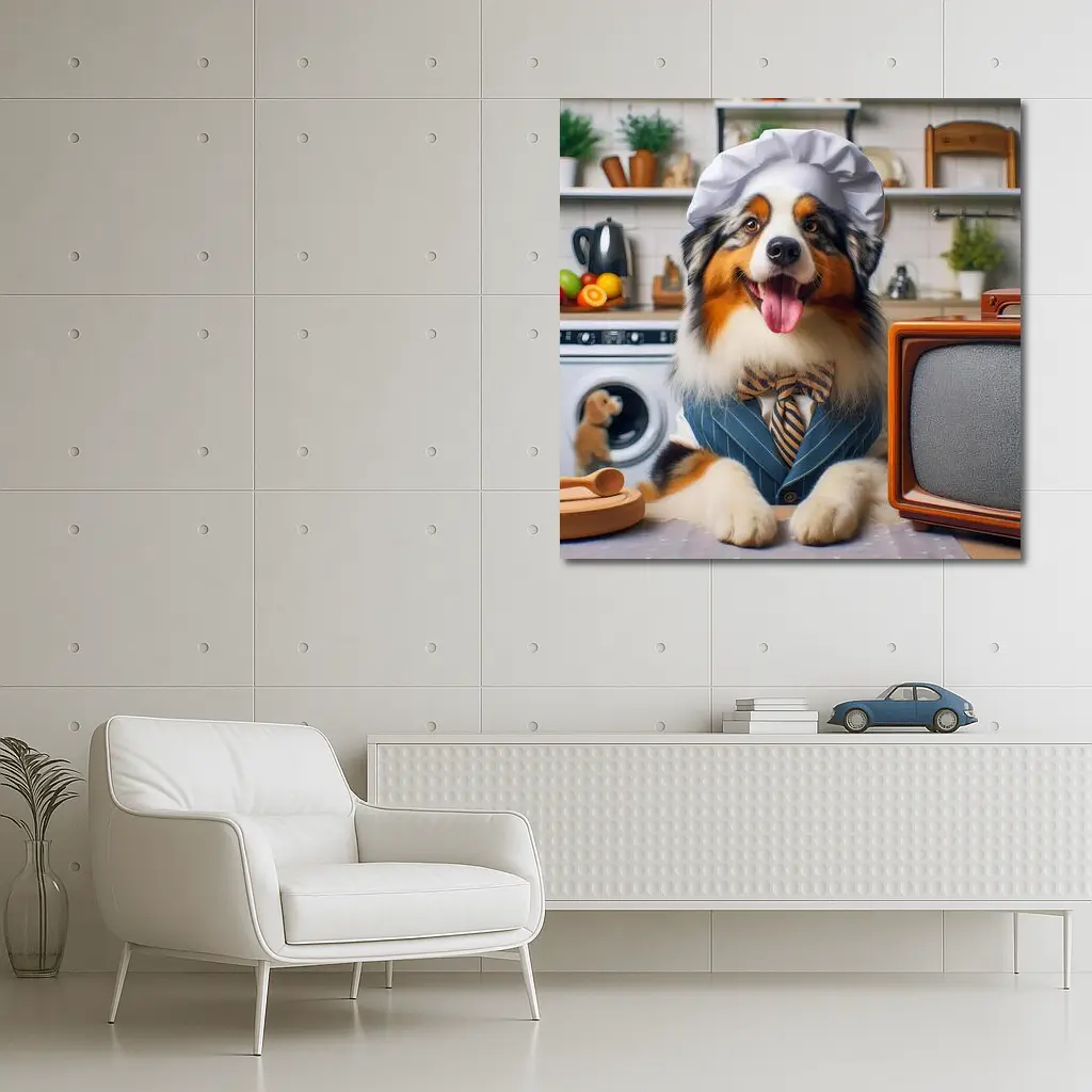 Australian Shepherd Chef Hat Kitchen Scene – Wall Art