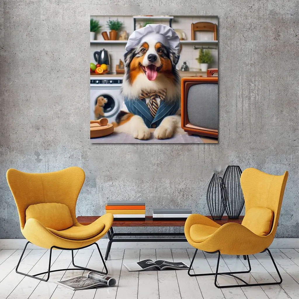 Australian Shepherd Chef Hat Kitchen Scene – Wall Art