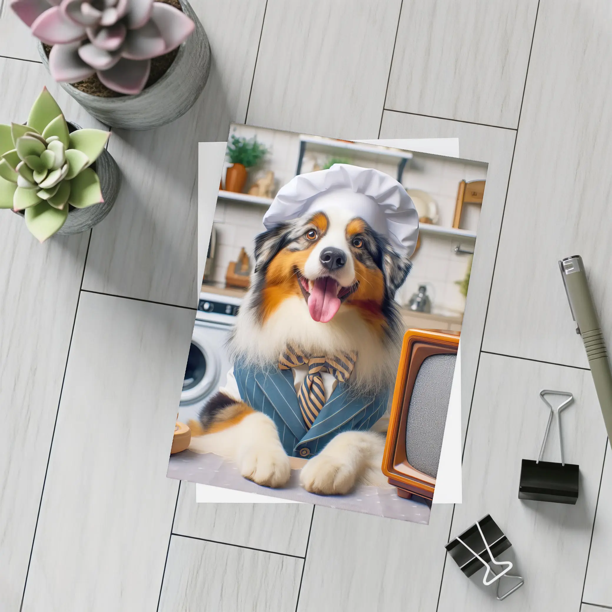 Australian Shepherd Chef Hat Kitchen Scene – Postcards