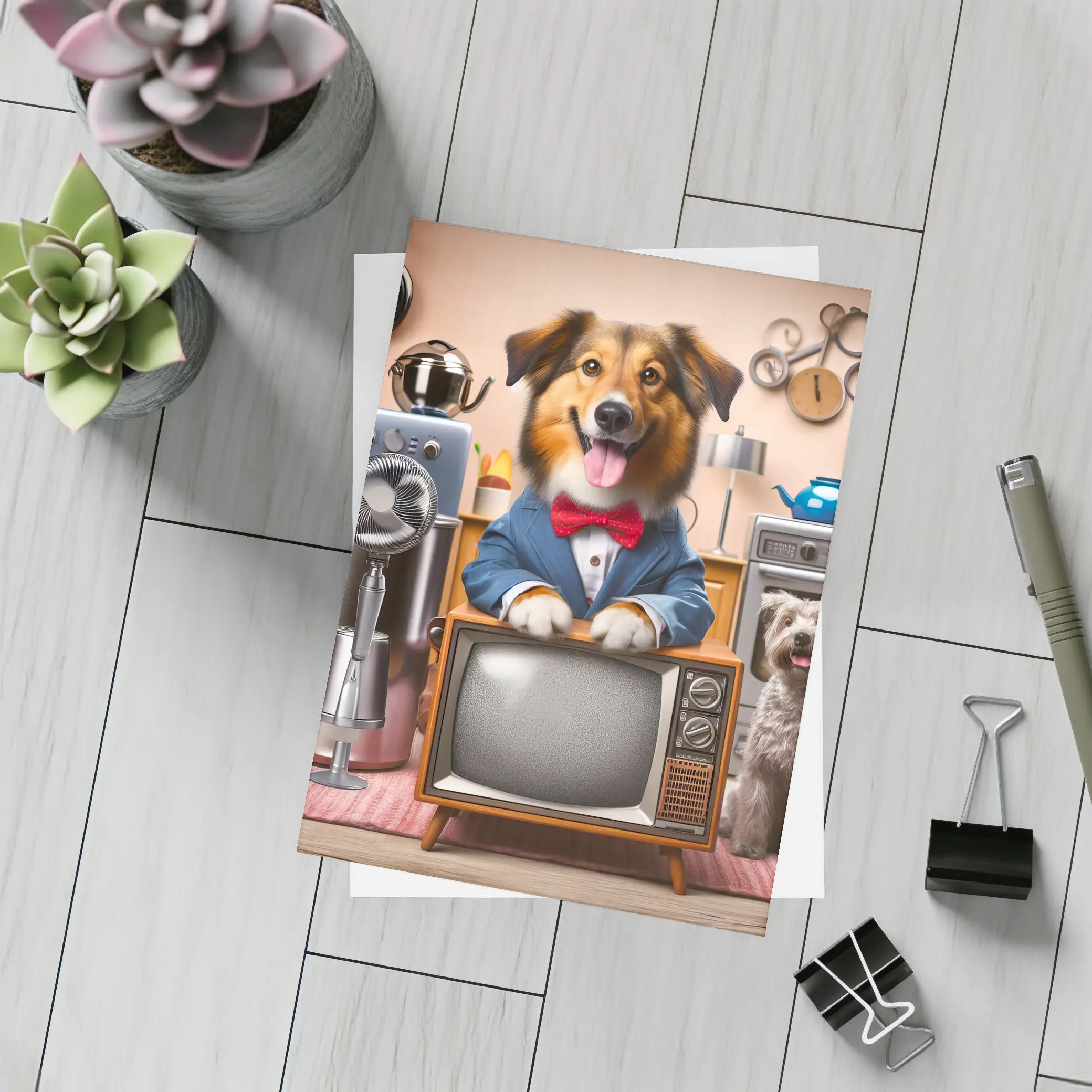 Happy Dog Blue Suit Retro TV Room – Postcards