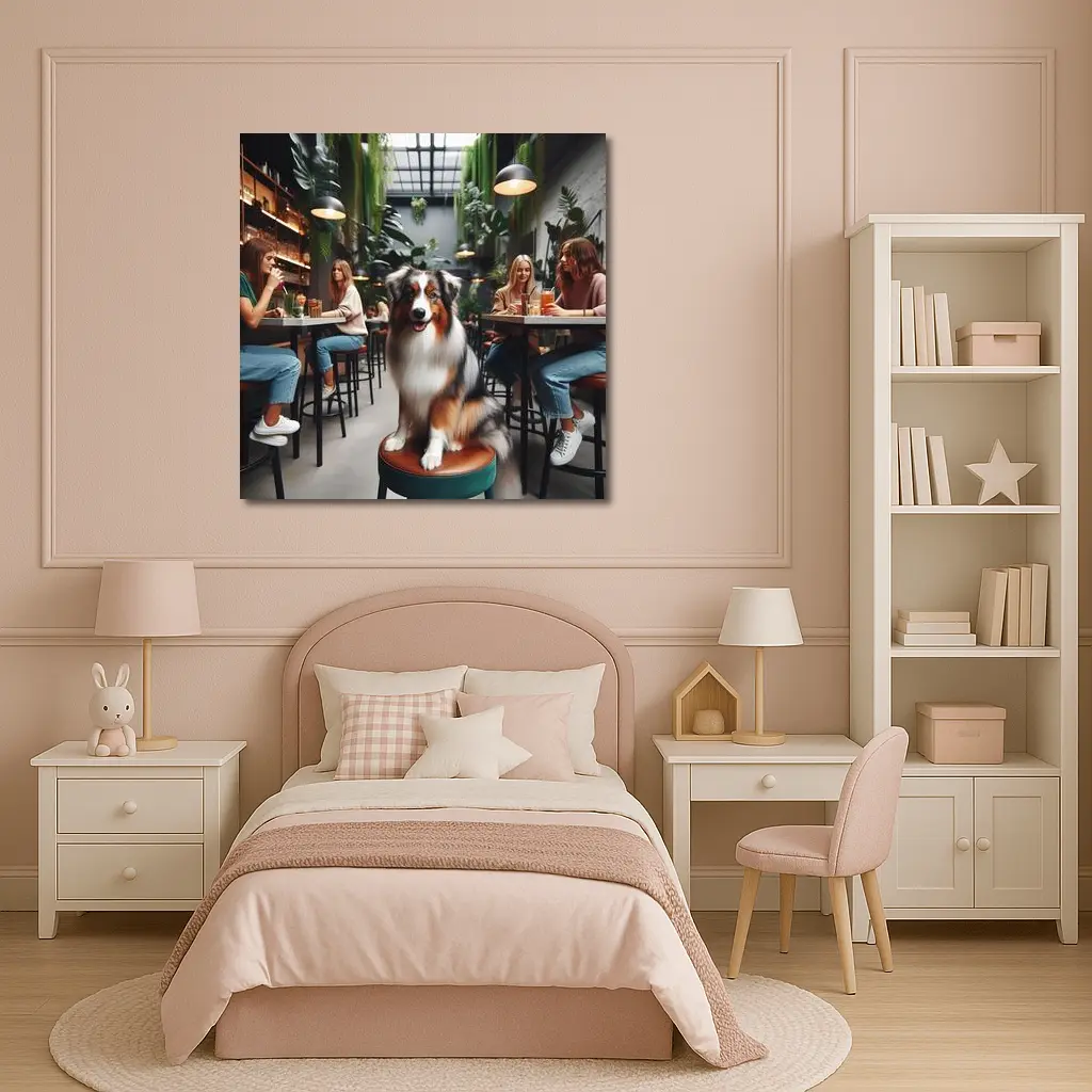 Australian Shepherd Dog Sitting Inside Cafe – Wall Art