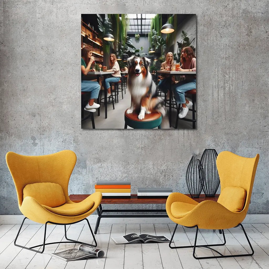 Australian Shepherd Dog Sitting Inside Cafe – Wall Art