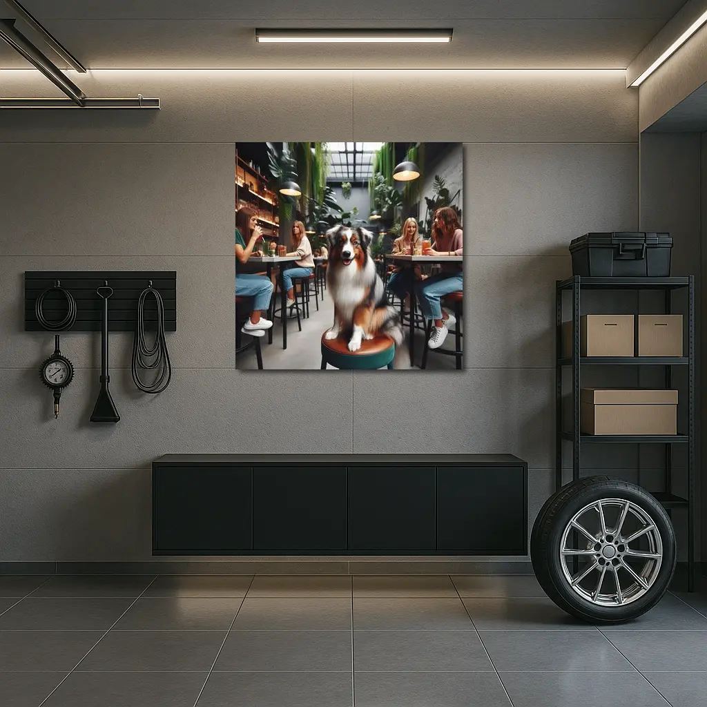 Australian Shepherd Dog Sitting Inside Cafe – Wall Art