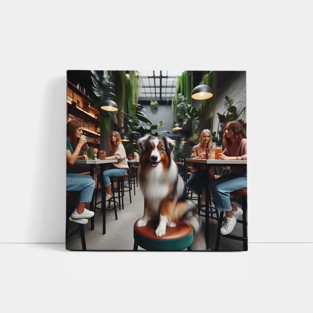 Australian Shepherd Dog Sitting Inside Cafe – Wall Art