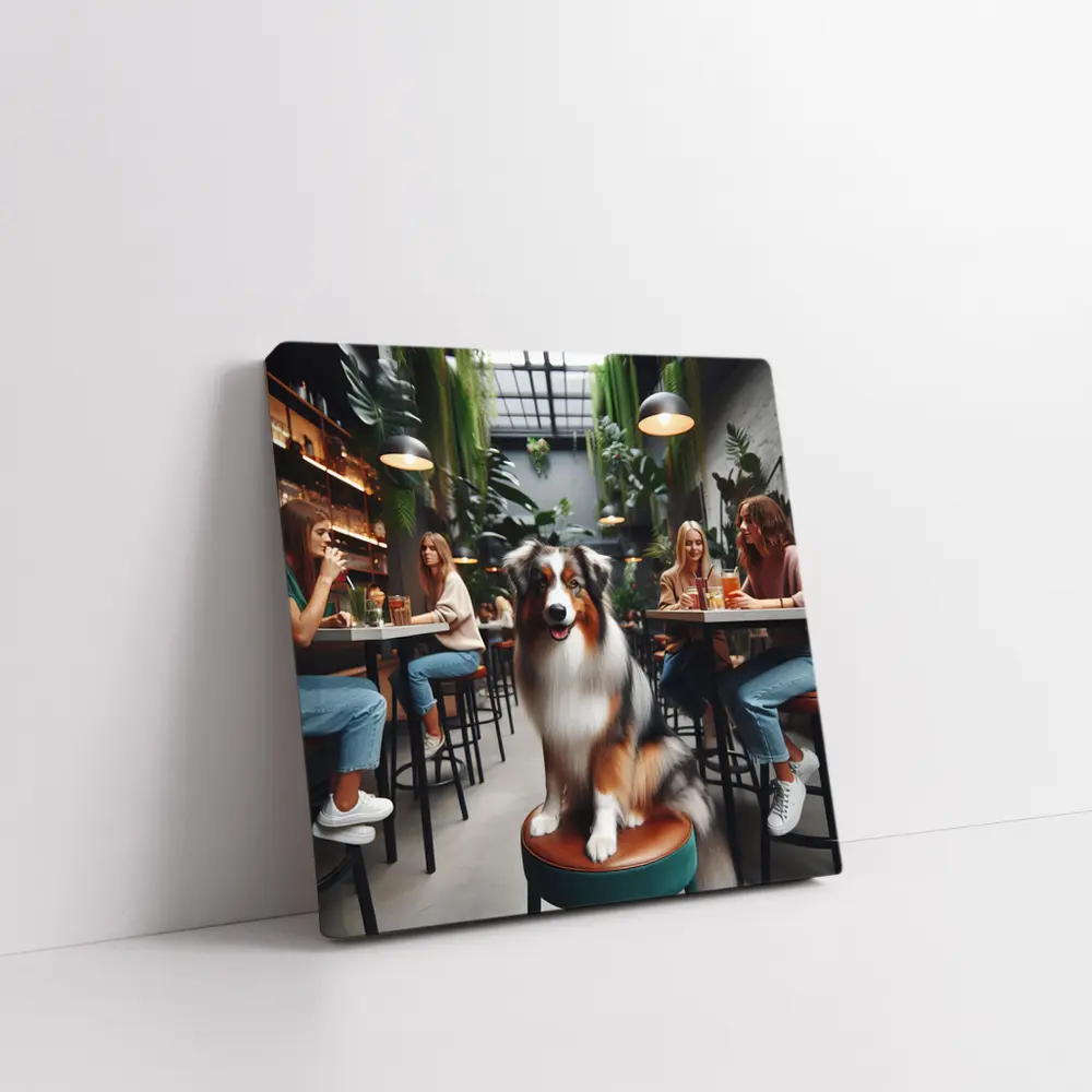 Australian Shepherd Dog Sitting Inside Cafe – Wall Art