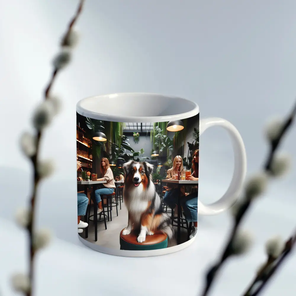 Australian Shepherd Dog Sitting Inside Cafe – Mugs