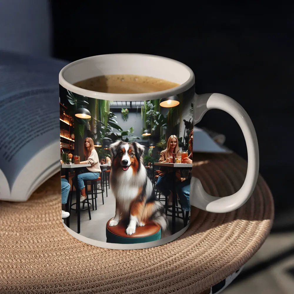 Australian Shepherd Dog Sitting Inside Cafe – Mugs