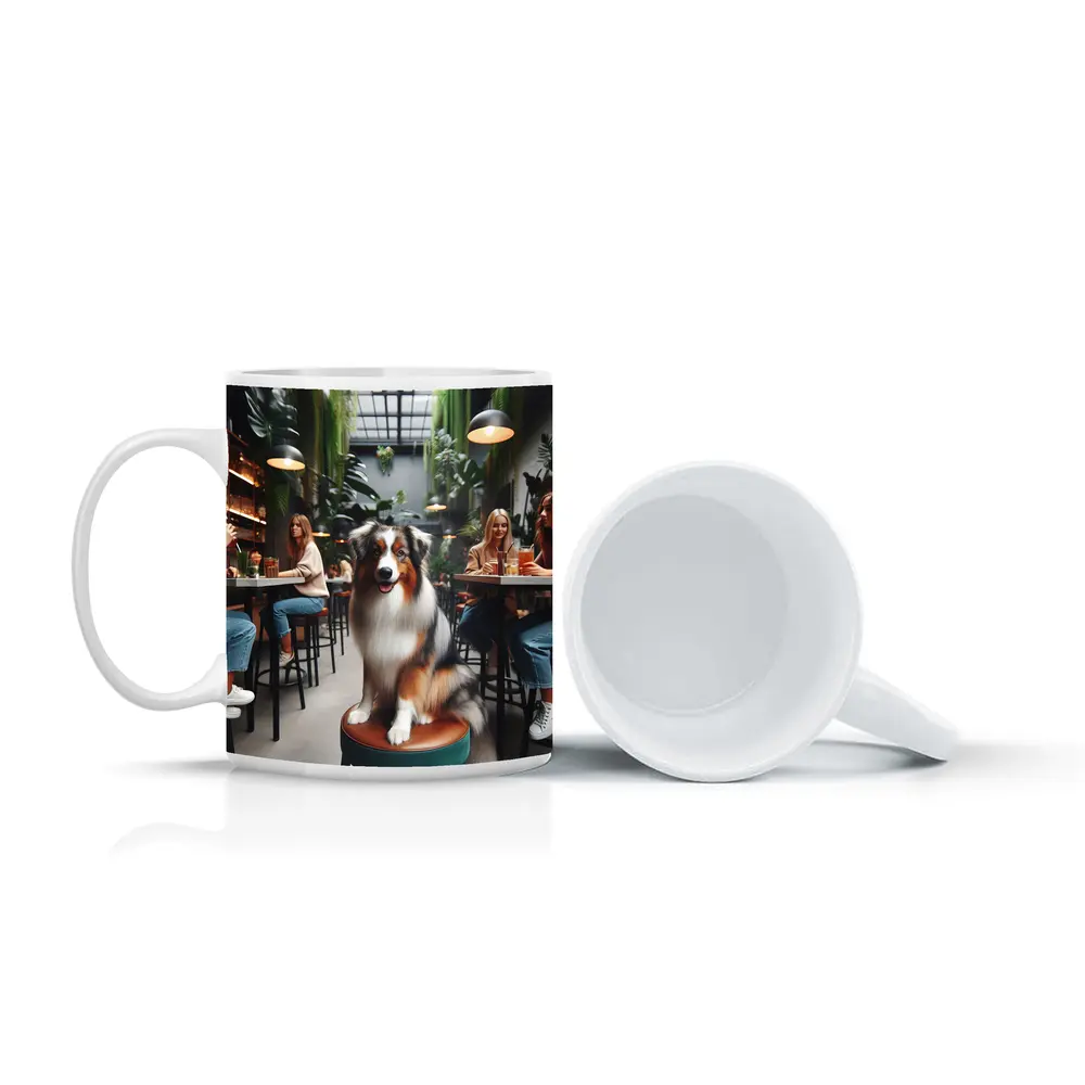 Australian Shepherd Dog Sitting Inside Cafe – Mugs