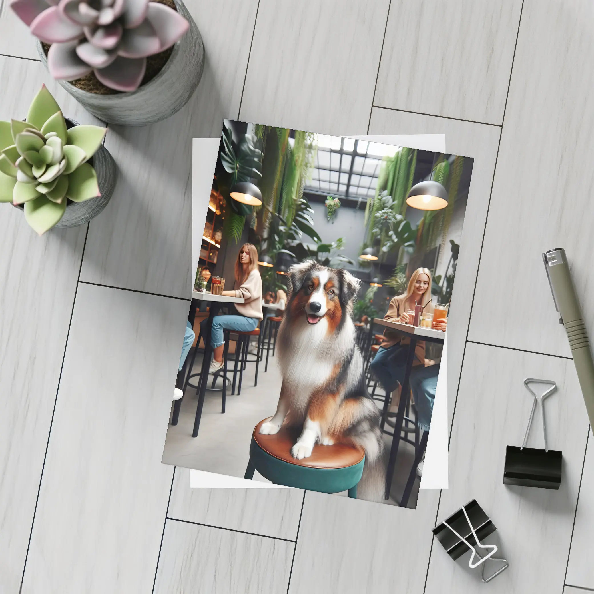 Australian Shepherd Dog Sitting Inside Cafe – Postcards