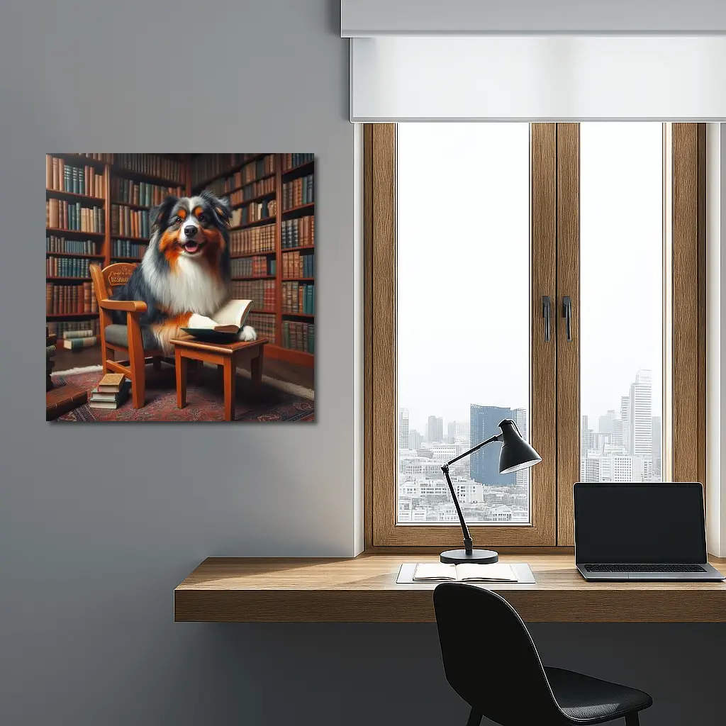 Australian Shepherd Dog Reading In Library – Wall Art