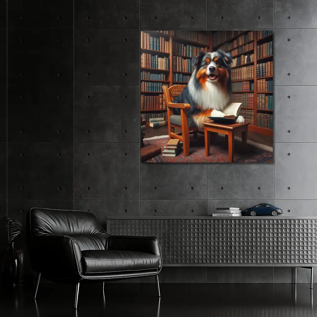 Australian Shepherd Dog Reading In Library – Wall Art