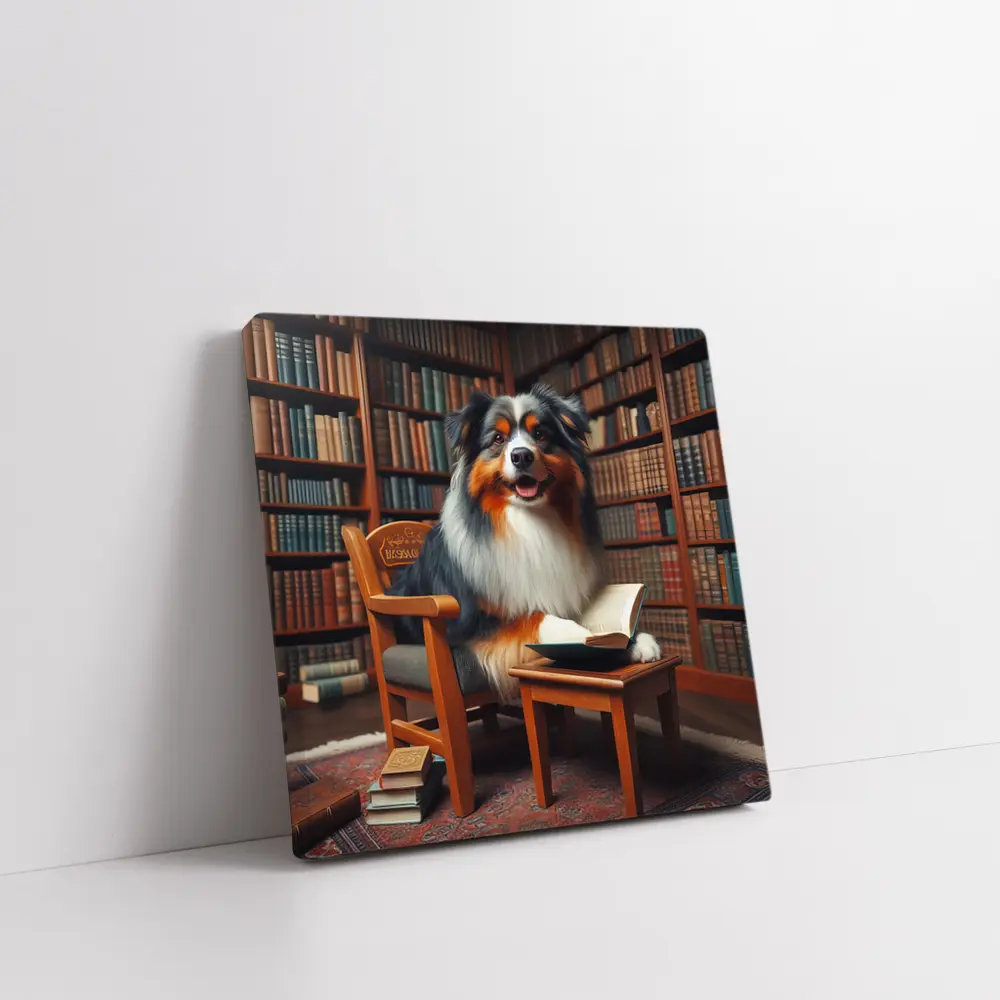 Australian Shepherd Dog Reading In Library – Wall Art