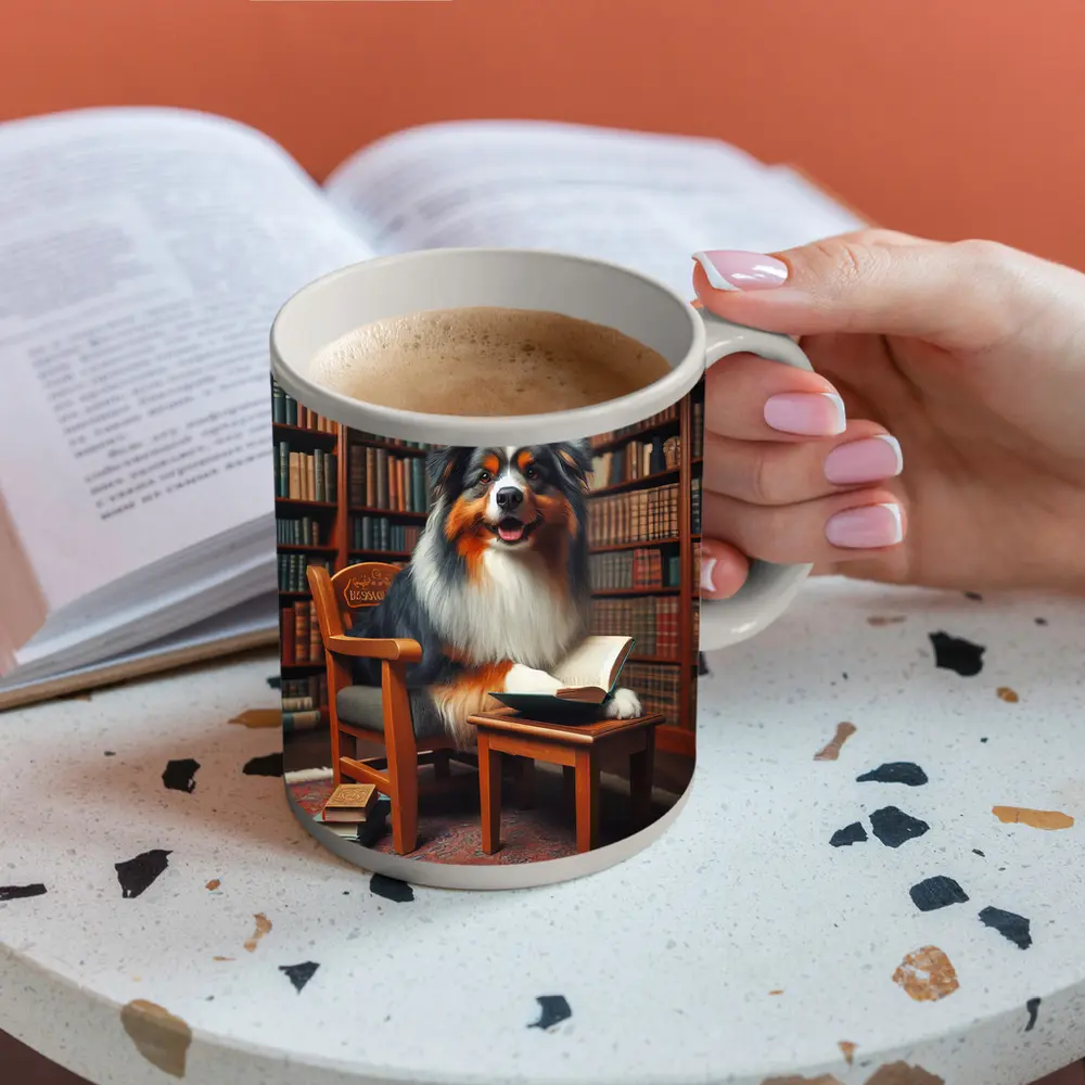 Australian Shepherd Dog Reading In Library – Mugs