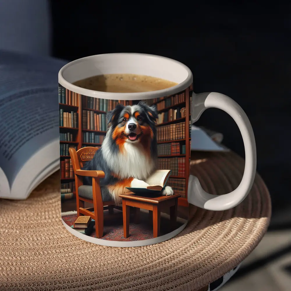 Australian Shepherd Dog Reading In Library – Mugs