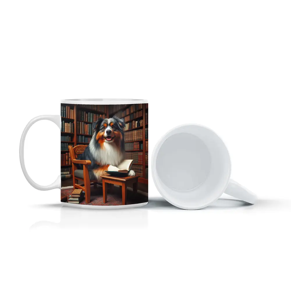 Australian Shepherd Dog Reading In Library – Mugs
