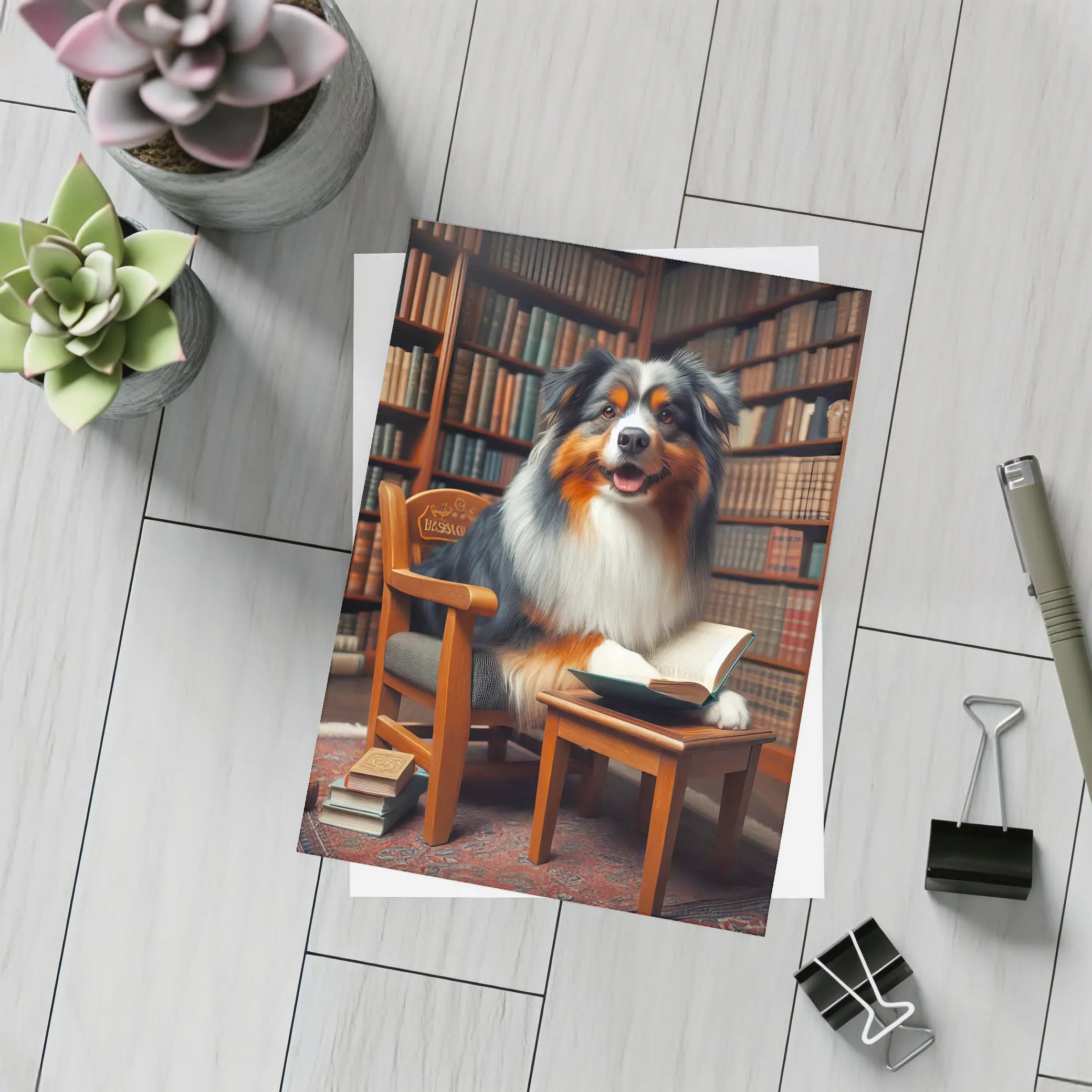 Australian Shepherd Dog Reading In Library – Postcards