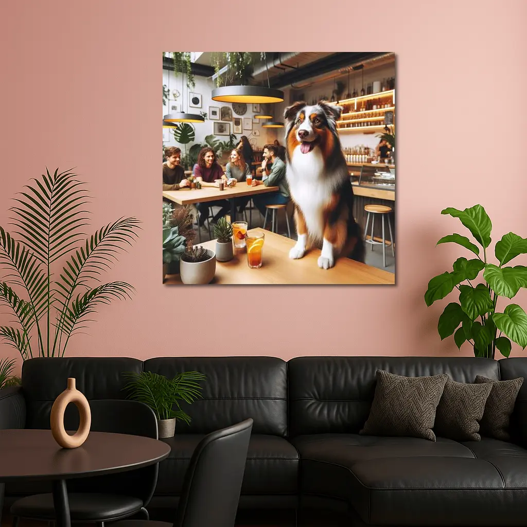 Australian Shepherd Dog In Cozy Cafe – Wall Art