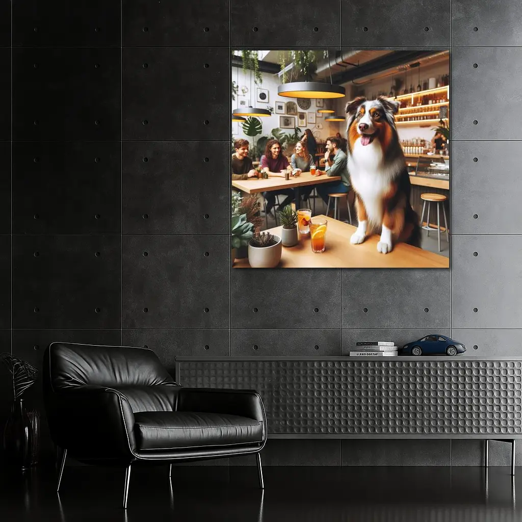 Australian Shepherd Dog In Cozy Cafe – Wall Art
