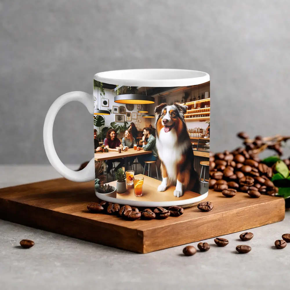 Australian Shepherd Dog In Cozy Cafe – Mugs