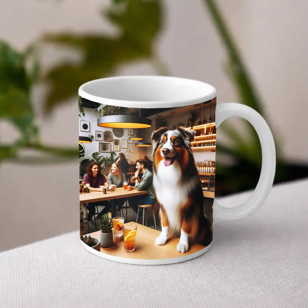 Australian Shepherd Dog In Cozy Cafe – Mugs