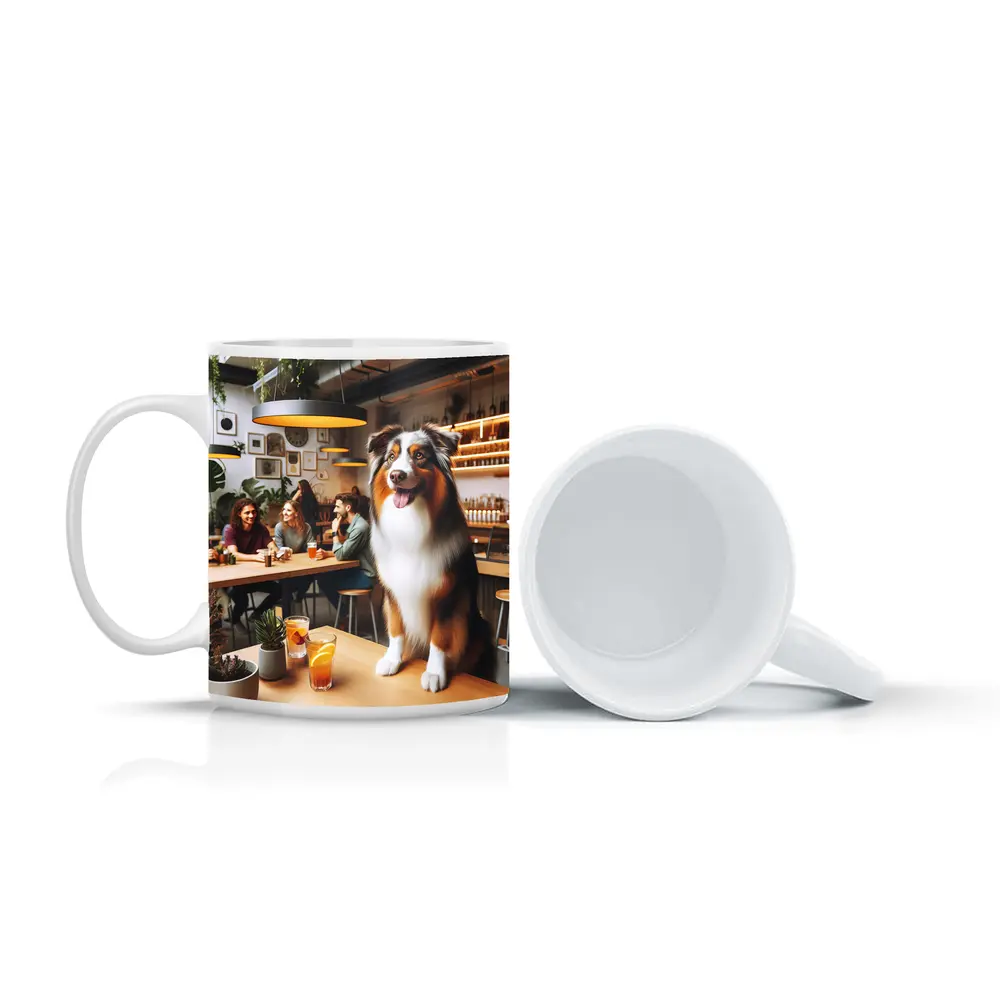 Australian Shepherd Dog In Cozy Cafe – Mugs