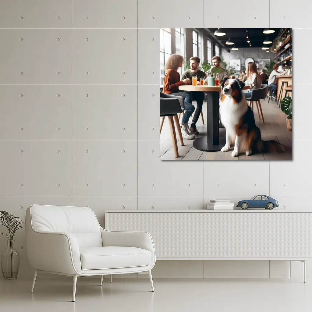 Australian Shepherd Dog Sitting In Cafe – Wall Art