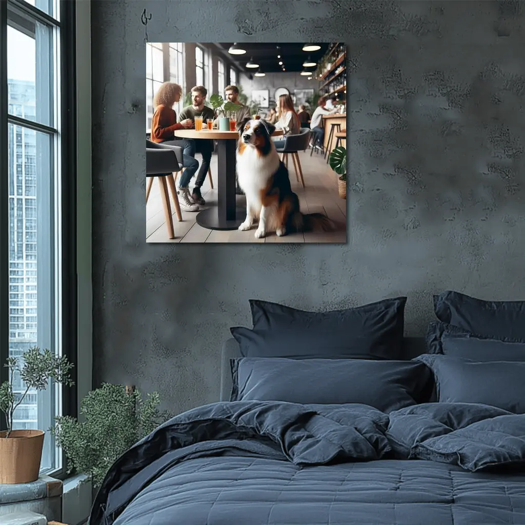 Australian Shepherd Dog Sitting In Cafe – Wall Art