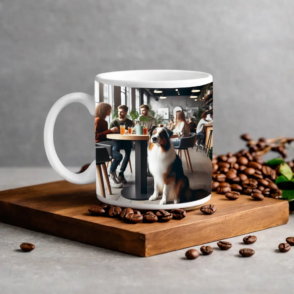 Australian Shepherd Dog Sitting In Cafe – Mugs
