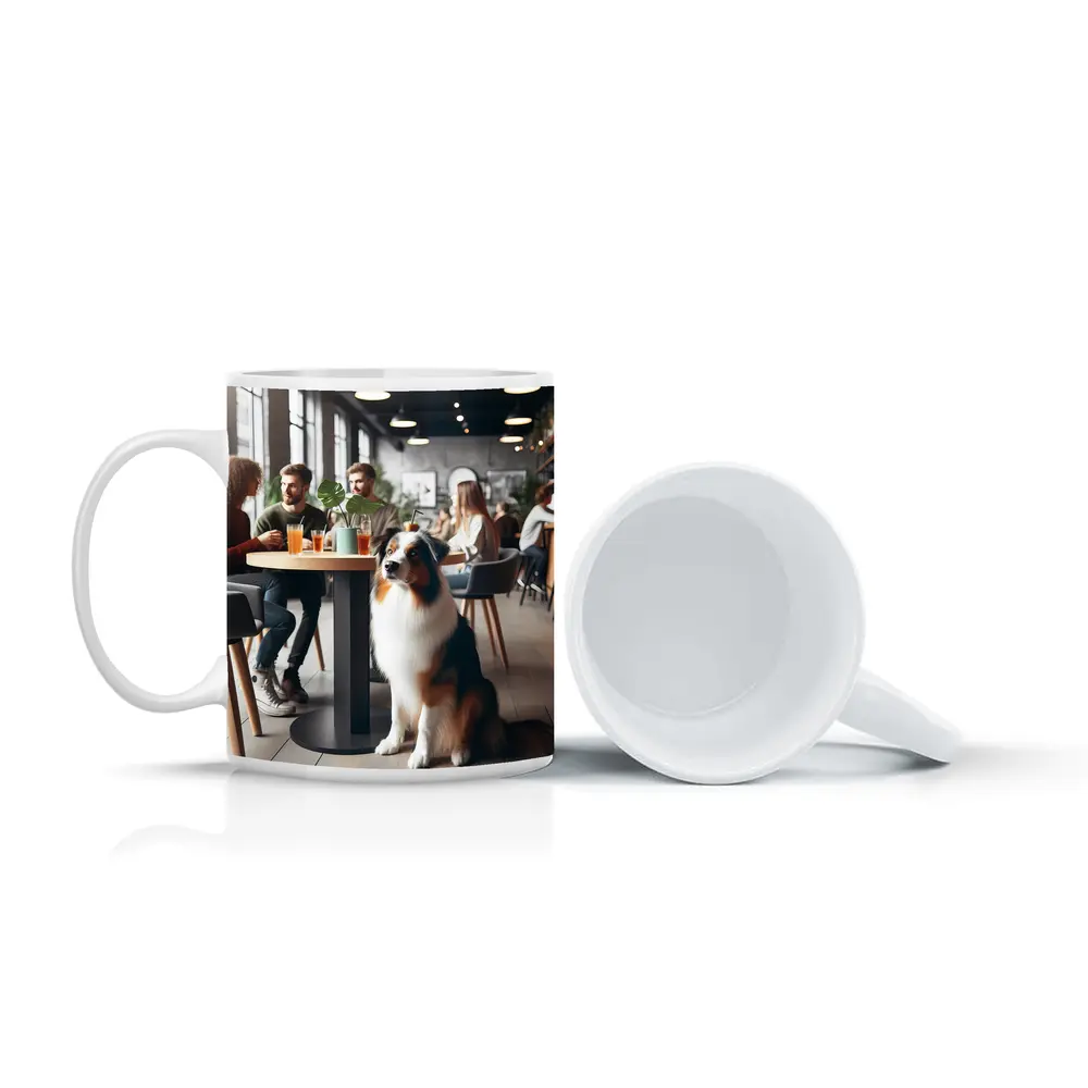 Australian Shepherd Dog Sitting In Cafe – Mugs