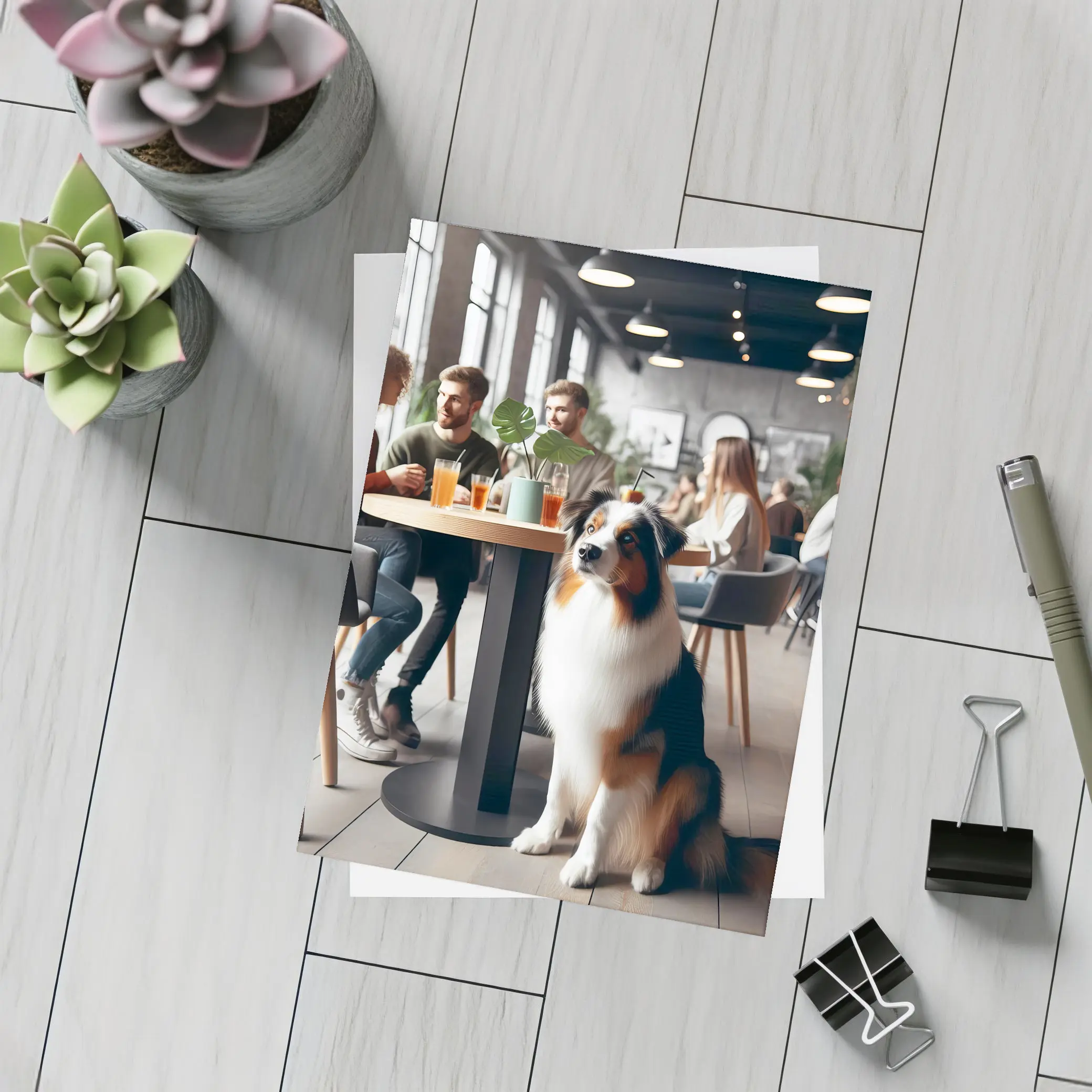 Australian Shepherd Dog Sitting In Cafe – Postcards
