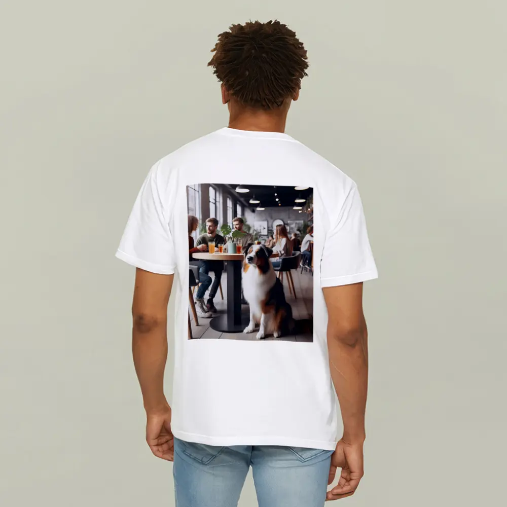 Australian Shepherd Dog Sitting In Cafe – T-Shirts