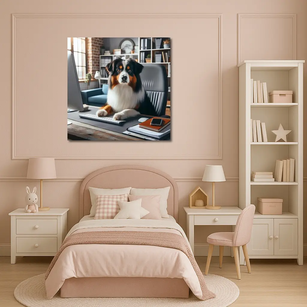 Australian Shepherd Dog Sitting Office Desk – Wall Art