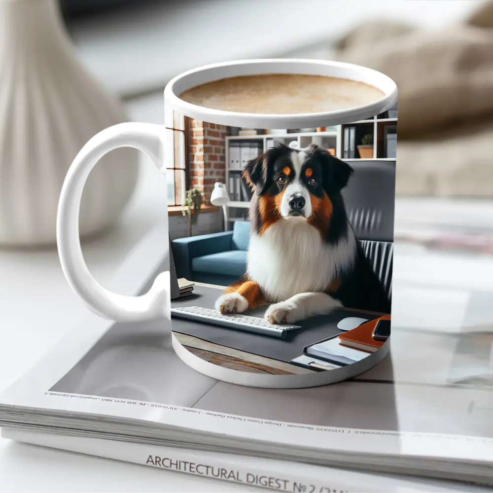 Australian Shepherd Dog Sitting Office Desk – Mugs