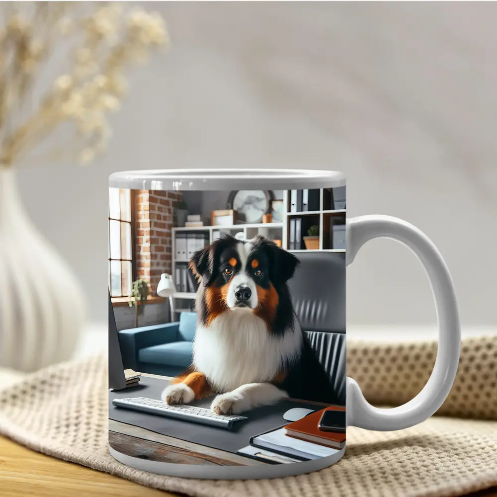 Australian Shepherd Dog Sitting Office Desk – Mugs