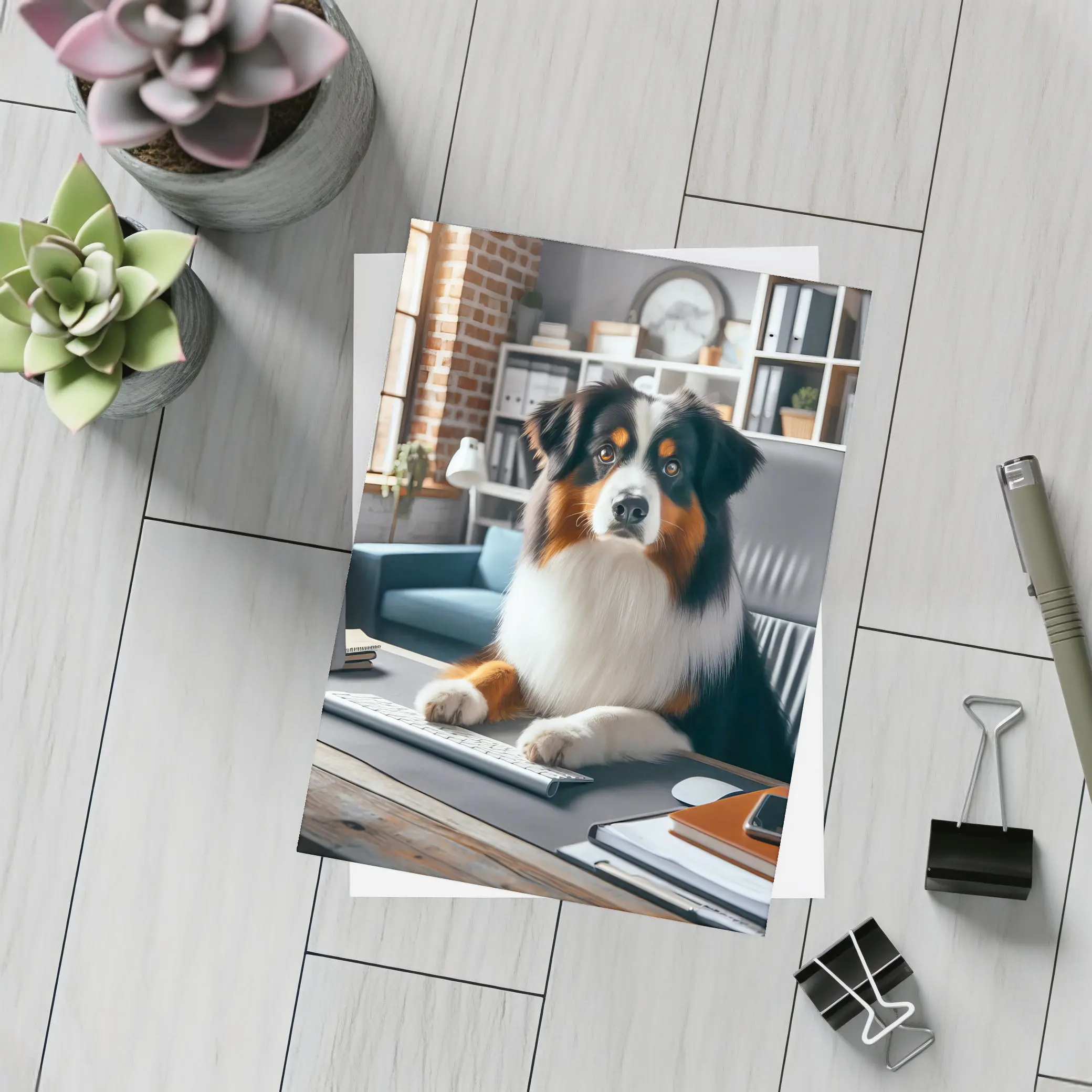 Australian Shepherd Dog Sitting Office Desk – Postcards